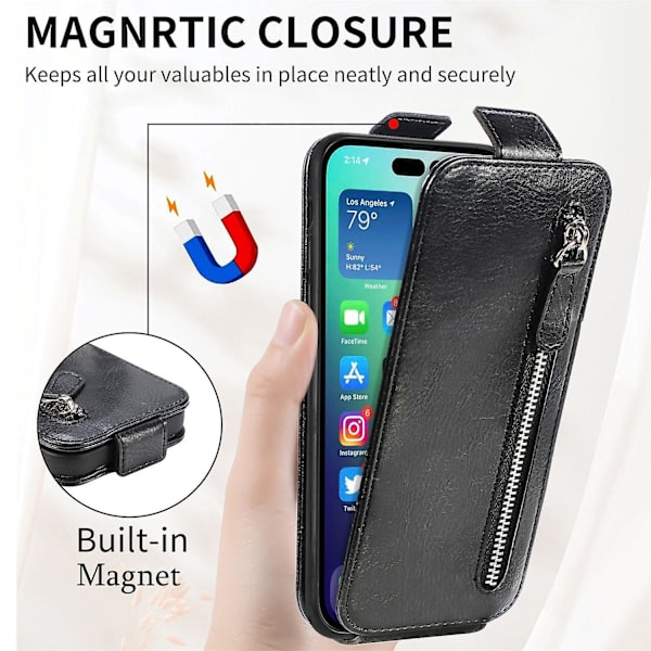 Dragkedja Plånbok Case för iPhone 15 Black