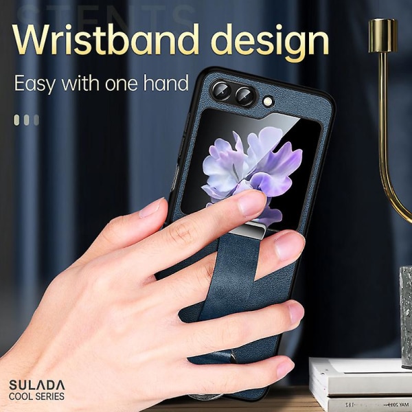 Z Flip 5 Case, tunt Pu Läder Ring Stand Case För Samsung Galaxy Z Flip 5 Med handremshållare Blue