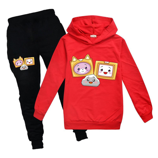 Barn Pojkar Flickor Lankybox Print Långärmad Luvtröja + Byxor Casual Outfit Set Träningsoverall Red 7-8 Years