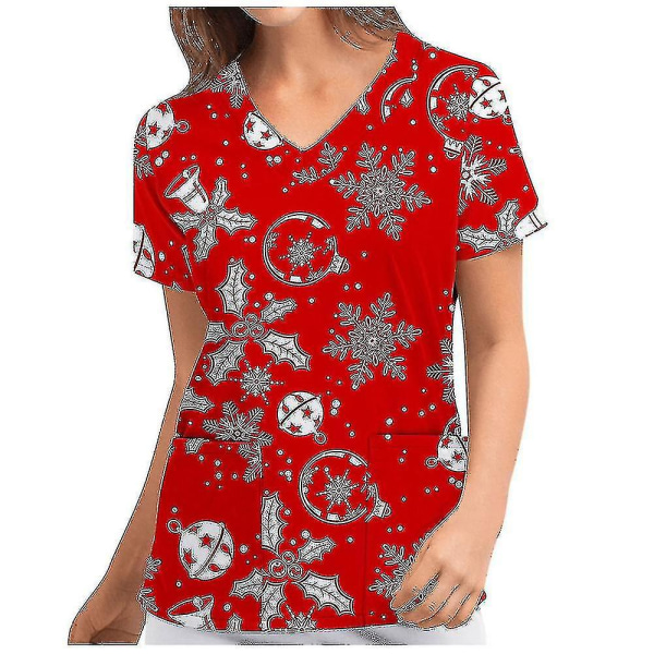 Jul Kvinnor Amningsuniform Scrub Kortärmad T-shirt Xmas Blus Tee Tops V-ringad Dark Red 2XL
