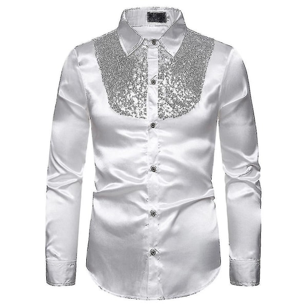 Herr paljetter Glitter Slim Fit Button-down skjortor Party Långärmad Klänning Skjorta Toppar White XL