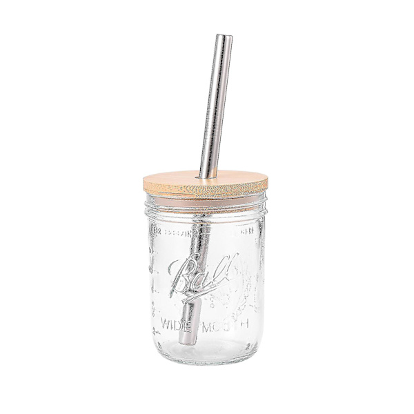 Masonburkar i glas Smoothiekoppar med bred mun Återanvändbara Boba-tekoppar med bambulock och silverhalm 500ML 4Pcs