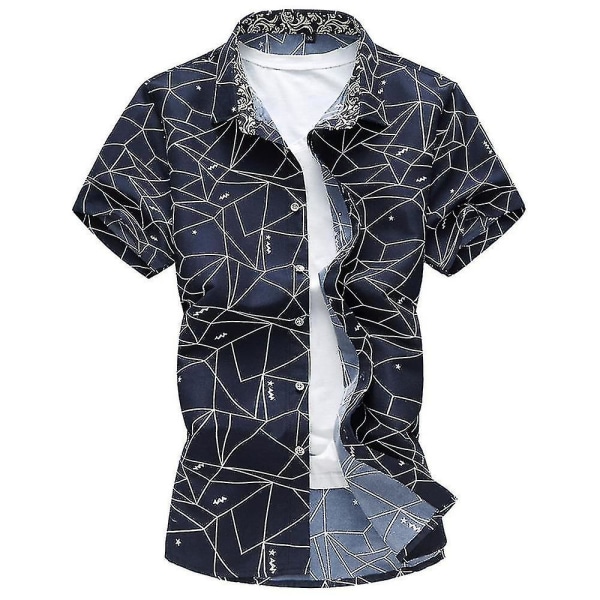 Plus Size Men Holiday Button Down-skjortor Sommar Casual Beach Kortärmad Topp Navy Blue XL