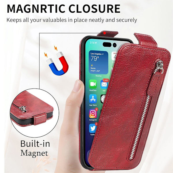 Dragkedja Plånbok Case för iPhone 15 Red