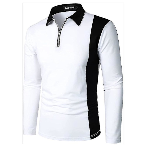 Män Zip Polo Shirts Långärmade Color Block T-shirt Golf Casual Work Tee Lapel Tops White 2XL