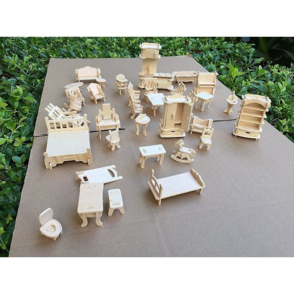 Dockhusmöbler - Laserslipad trä 3d-pussel gör-det-själv-miniatyr dockhus- set Husmöbelset - 1 set (34 delar) Trä null none
