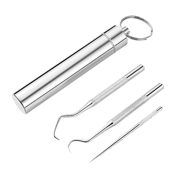 Milisten tandpetare i rostfritt stål 3-pack tandrengöringsverktyg i rostfritt stål som består av 1 rak tandpetare och 2 armbågtandpikar
