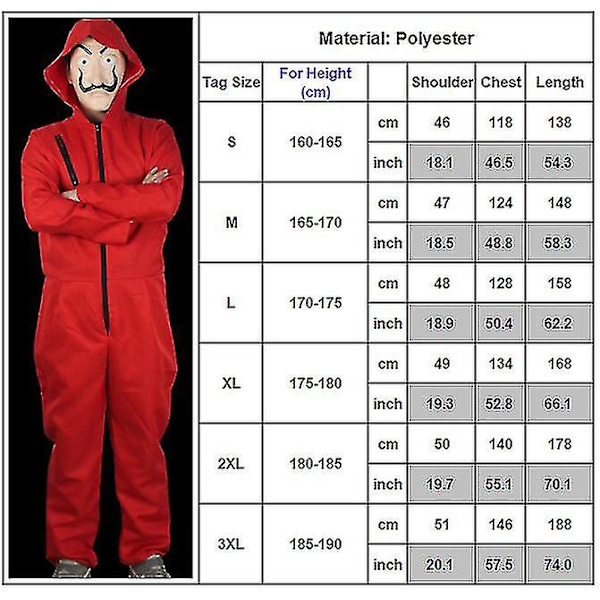 Salvador Dali La Casa De Papel Fancy Dress Kostym Money Heist Cosplay Jumpsuit Mask Party Rollspel Prestanda Outfit Costume and Mask M