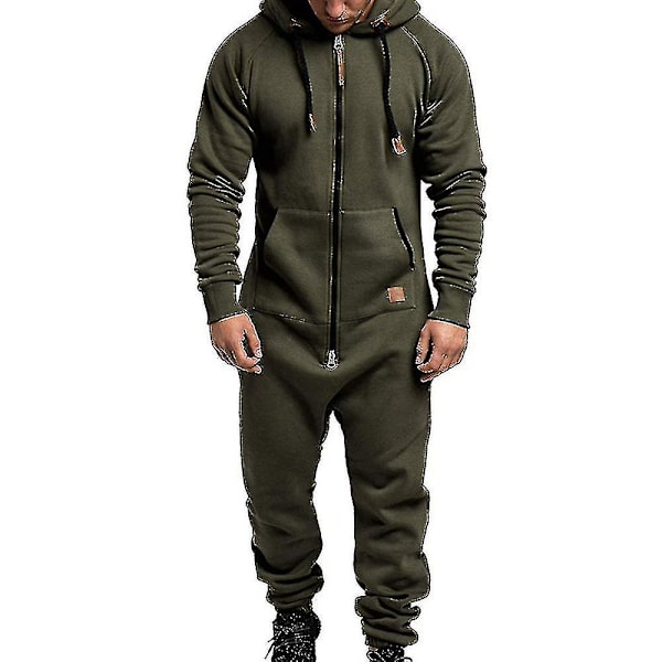 Män Onesie All In One Hoodie Zip Jumpsuit Vinter Casual Hooded Romper Playsuit Army Green L