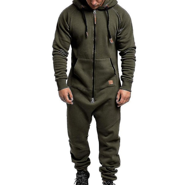 Men Onesie Allt i ett Hoodie Zip Jumpsuit Winter Casual Hooded Romper Playsuit Army Green XL