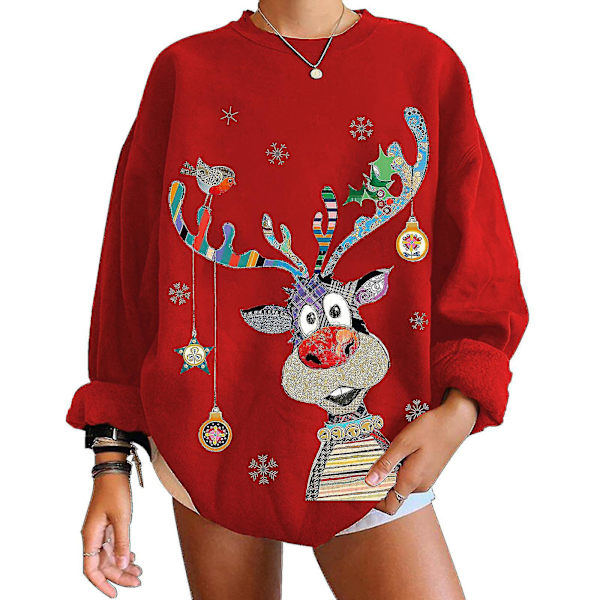 Christmas Sweatshirt Crewneck Pullover Långärmad Lösa Toppar Älg Print Skjorta Red XL