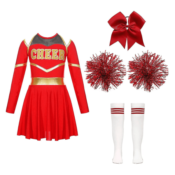 Barn Cosplay Cheer Team Danskläder Barn Flickor Cheerleading Uniform Klänning Med Blombollar Set Cheerleader Kostymer 6 B Red