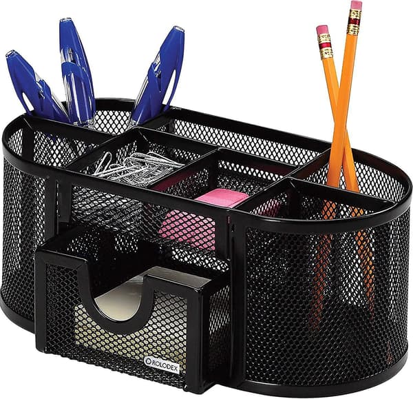 Mesh Pencil Cup Organizer, fyra fack, stål, 8,7" x 4,3" x 4,1", svart null none