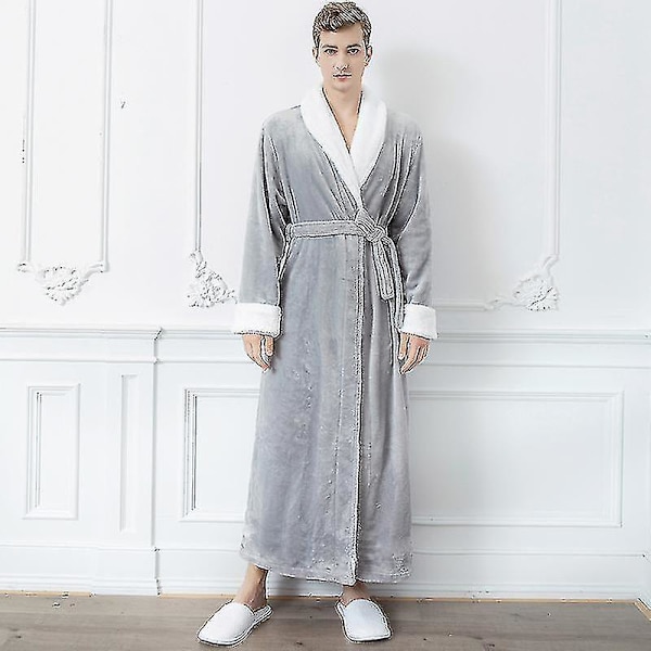 Kvinnor Män Vinter Plus Size Flanellrock Extra lång Huva Varm Morgonrock Lovers Tjock Kimono Badrock Man Morgonrock Robes men fur robe grey L
