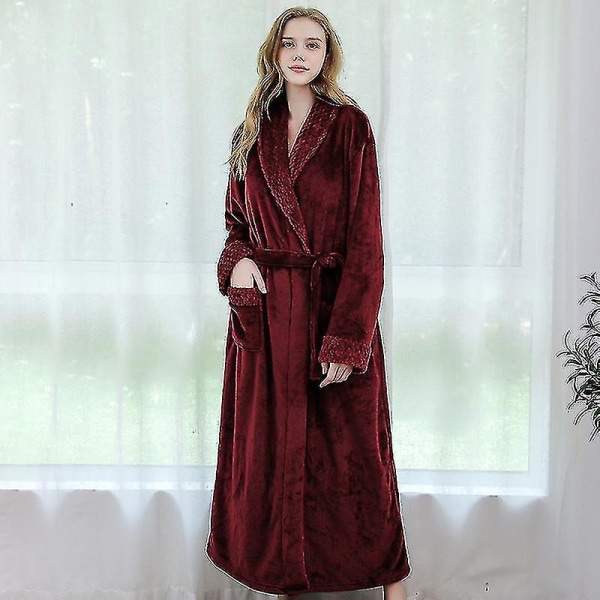 Kvinnor Män Vinter Plus Size Flanellrock Extra lång Huva Varm Morgonrock Lovers Tjock Kimono Badrock Man Morgonrock Robes women wine XL