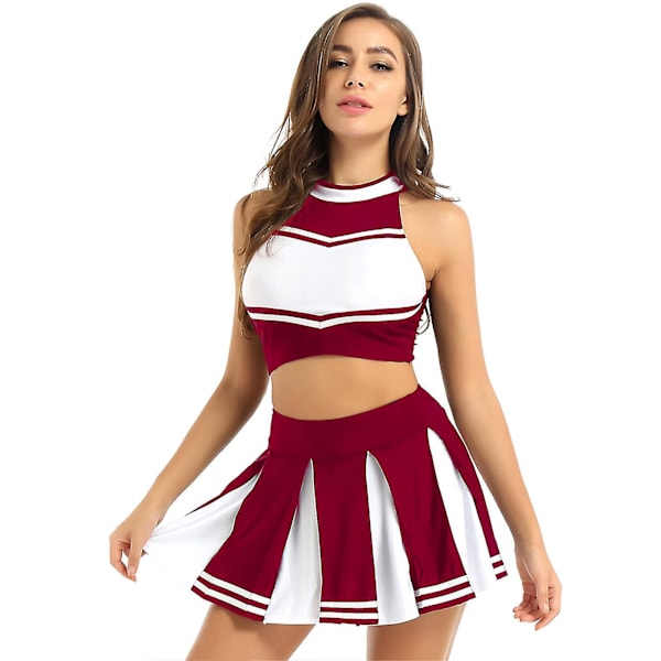 Kvinnor Vuxna Cheerleader Uniform Performance Outfit Japansk Skolflicka Cosplay Kostym Ärmlös Crop Top Mini plisserad kjol Wine Red A M
