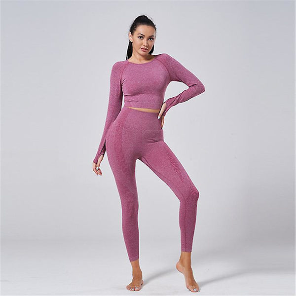 2-delat set Kvinnor Träningskläder Gym Set Fitness Sportkläder Crop Top Sports BH Sömlösa Leggings Active Wear Outfit Kostym C Wine Red 2pcs M