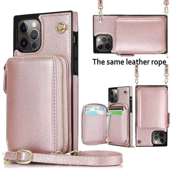 Crossbody Rfid Blocking Dragkedja Case Kompatibel Iphone 14 Pro Max/14 Pro/14 Plus med kortplats iPhone 14 Pro Rose gold