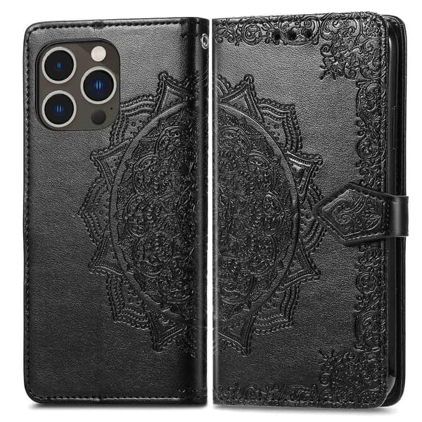 Mandala FlowerLeather phone case för iPhone 15 Pro Black