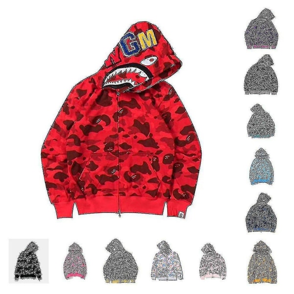 New Trend Shark Hoodie Camo Print Bomull Casual Loose Zip Hoodie Jacka För Herr Dam red S