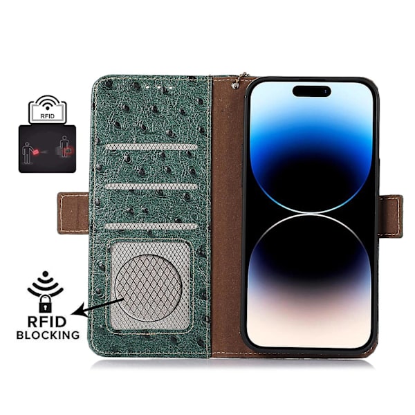 Strutsmönster RFID phone case för iPhone 15 Green