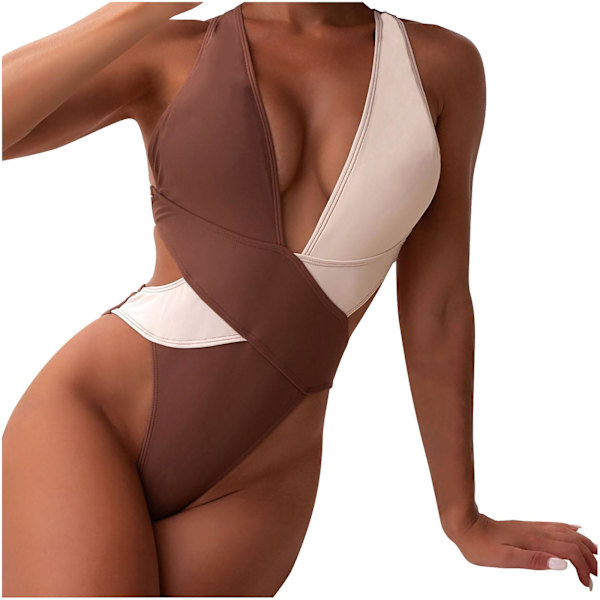 Dambaddräkter Bikinibody med hög midja Baddräktsömmar Bikinibaddräkt Korsbaddräkt för kvinnor Färgblockerande Bikini Swimsu för kvinnor Coffee L