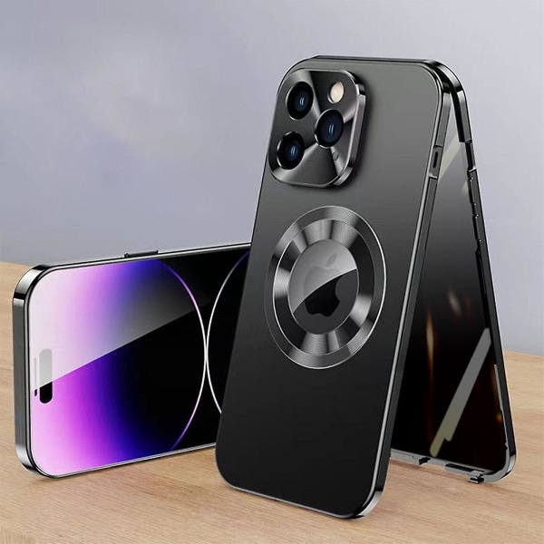 Metal Magsafe Magnetic Privacy Case Kompatibel med Iphone 15 Pro Max, Logo View Lens Protector Case i härdat glas Black For iPhone 15 Pro Max