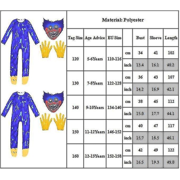 Poppy Playtime Huggy Wuggys Cosplay kostym för barn, spel Huggy Wuggys Carnival Skräck Monster Jumpsuit Finklänning 9-10 Years