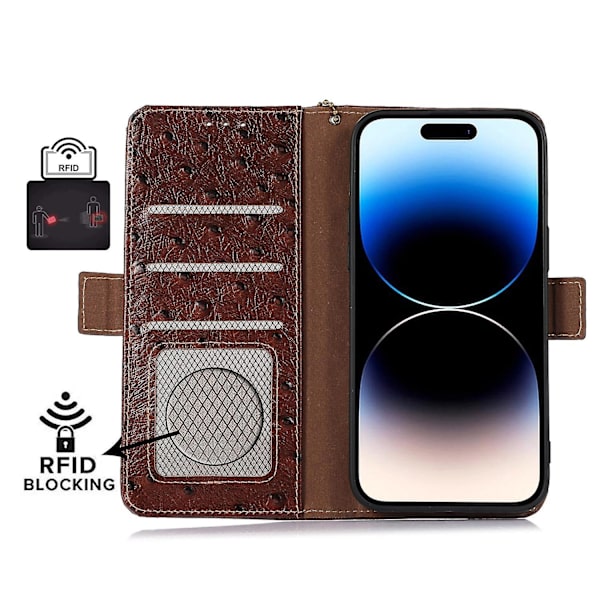 Strutsmönster RFID phone case för iPhone 15 Brown