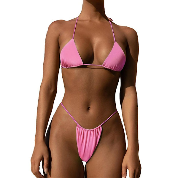 Bikini Set Bandage Solid brasiliansk baddräkt Baddräkt Vadderade string baddräkter pink M