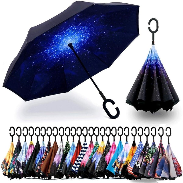 Inverterat omvänt upp och ner paraply med c-format handtag, anti-uv vattentätt vindtätt regnparaply null none