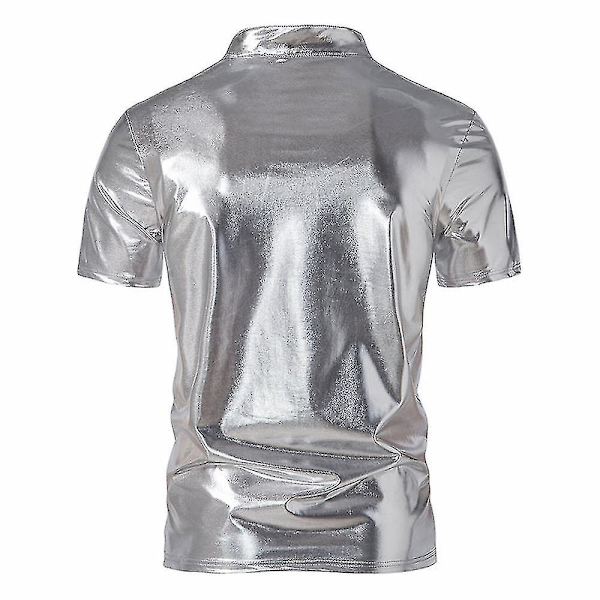 Herr V-ringad Sparkle Kortärmade Glänsande Pikétröjor 70-tal 80-tal Disco Party Casual T-shirts T-tröjor Silver L