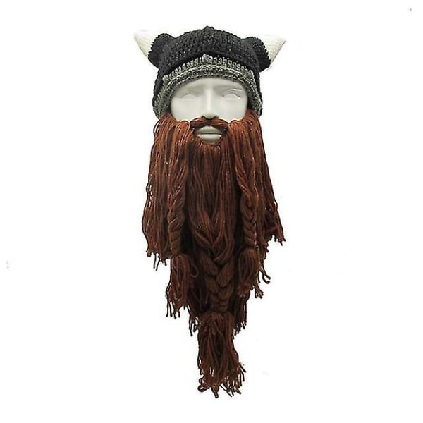 Barbarian Vagabond män Viking Skägg Beanie Horn Hat Handgjord Vinter Varm födelsedag Funny Gag Halloween Cap Julklappar Dark Gray