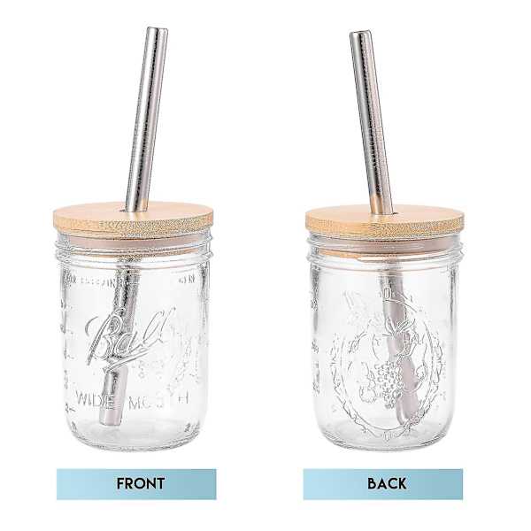 Masonburkar i glas Smoothiekoppar med bred mun Återanvändbara Boba-tekoppar med bambulock och silverhalm 500ML 2Pcs
