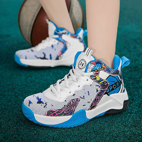 Barn Basketskor Andas Sneakers Trendiga Casual Skor Löparskor Yj025 WhiteBlue 32