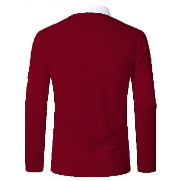 Män Zip Polo Shirts Långärmade Color Block T-shirt Golf Casual Work Tee Lapel Tops Wine Red XL