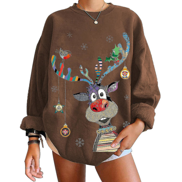 Christmas Sweatshirt Crewneck Pullover Långärmad Lösa Toppar Älg Print Skjorta Brown XL