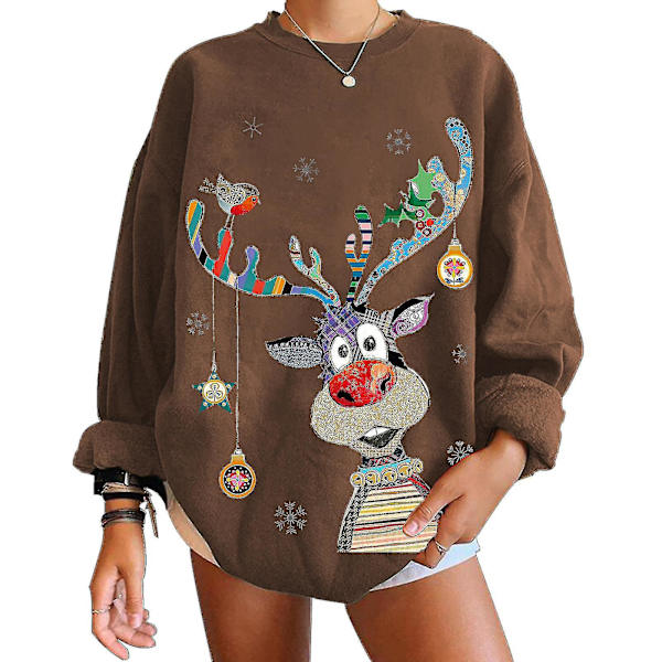 Christmas Sweatshirt Crewneck Pullover Långärmad Lösa Toppar Älg Print Skjorta Brown XL