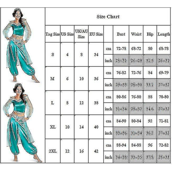 Dam Halloween Aladdin Jasmine Prinsessa Maskeraddräkt Karneval Cosplay Kostym Junmai Sky Blue XL