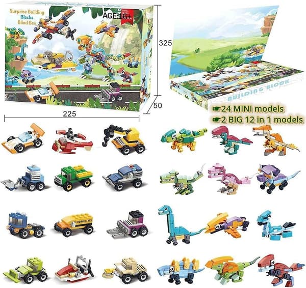Barnadventskalender 2023 Byggstenar Julkalender, 24 dagars julkalender Dinosaur & Car