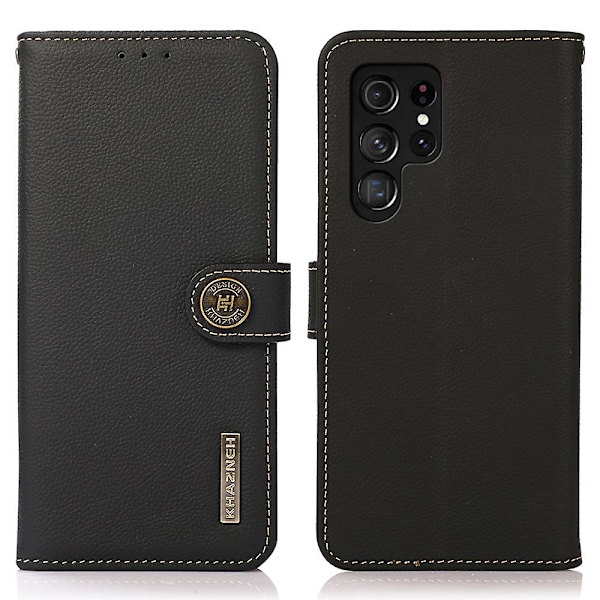 Khazneh för Samsung Galaxy S23 Ultra 5g äkta läder Rfid-blockerande cover Vikbart ställ Fullt case - Svart Black