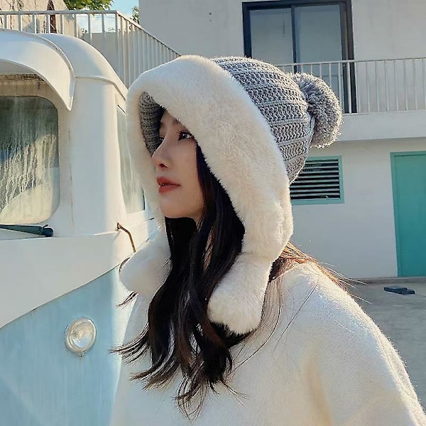 Kvinnor Vinter Mössa Skid Cap Fleece Fodrad Öron Flik Dual Layered Pompom Hat Beige