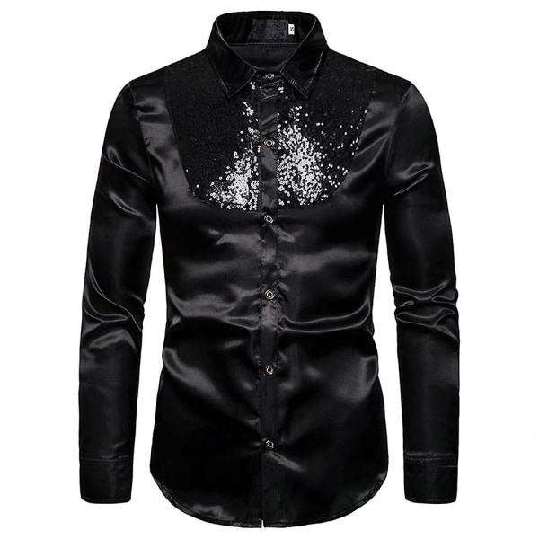 Män Glittrande paljetter Button-down Slim Fit Formella skjortor Party Evening Långärmad Klänning Skjorta Topp Black L