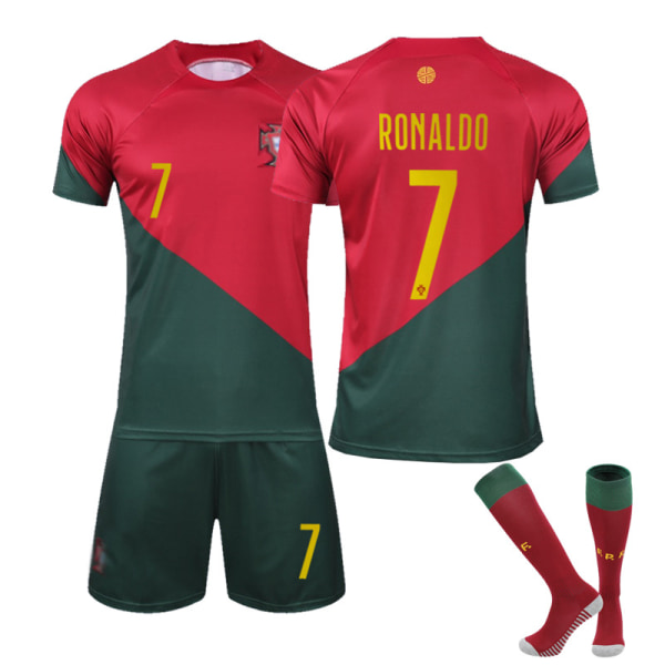 22-23款世界杯正确版葡萄牙主场7号C罗配新袜儿童成人足球服套装 22-23葡萄牙主场旧款7号 2XL#