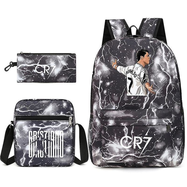 Fotbollsstjärna C Ronaldo Cr7 ryggsäck med printed runt studenten Tredelad ryggsäck. Black thunder 3 backpack