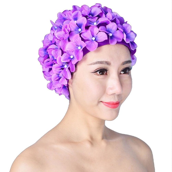 Kvinnor Vattensporter Andas Handgjorda Unik Elastisk Solid Långt hår Blomskydd Dykning Fri storlek Cap Soft Beach purple