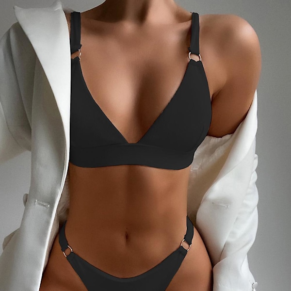 Ribbad O-ring för damer Bikini Baddräkt Fräck Thong Baddräkt black M