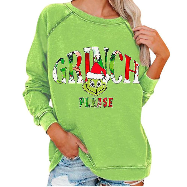 Kvinnor Jul The Grinch Print Långärmad Sweatshirt Xmas Pullover Tunika Toppar C S