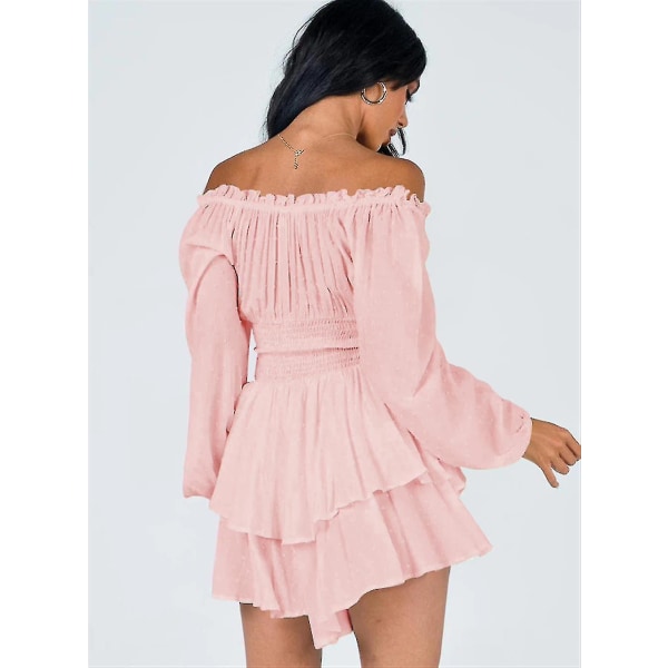 Kvinnor Off Shoulder Långärmad Romper Shorts Ruffle Jumpsuit Playsuit Pink L