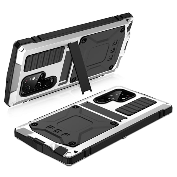 R-just för Samsung Galaxy S23 Ultra PC+silikon+metall Vattentätt, droppsäkert case Dold Kickstand Bakre cover med skärmskydd i härdat glas Silver